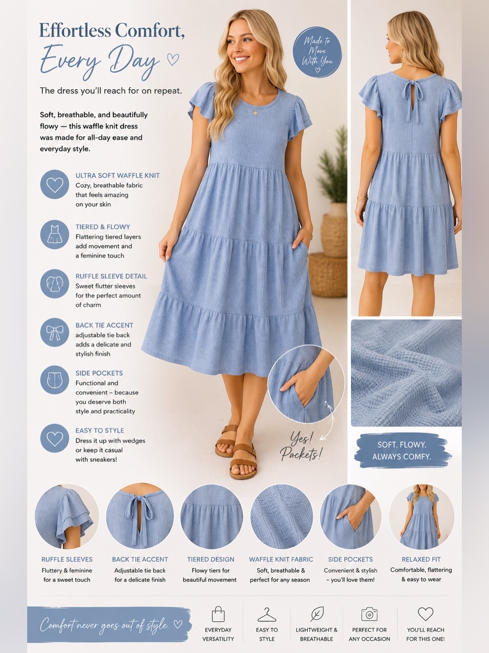 Easel Blue Waffle Knit Tiered Dress Size L